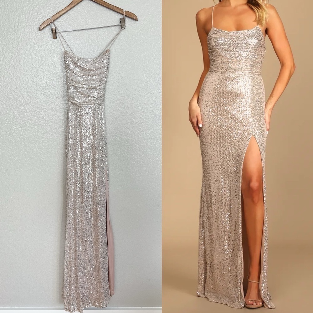Evenings of Elegance Silver Sequin Lace-Up Maxi Dress